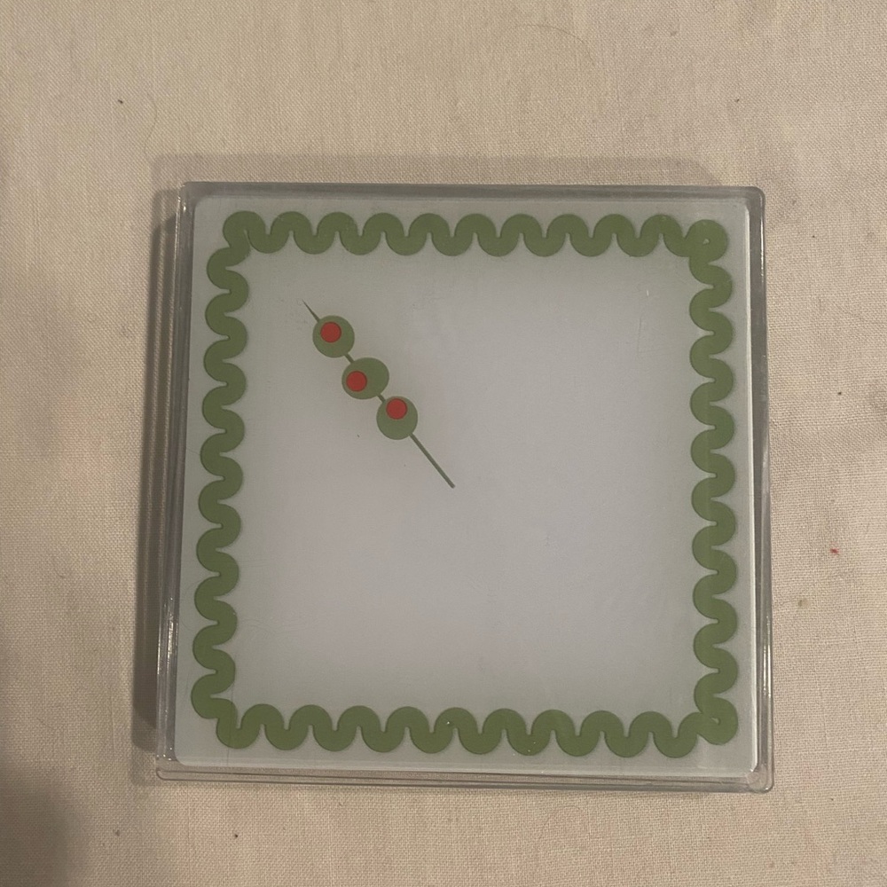 Olive Square Plastic Coaster Set Green White Olive Skewer Design, 4 Pieces
